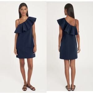 Cuyana Dress Womens Medium Blue Seersucker One Shoulder Ruffle Cotton Coastal